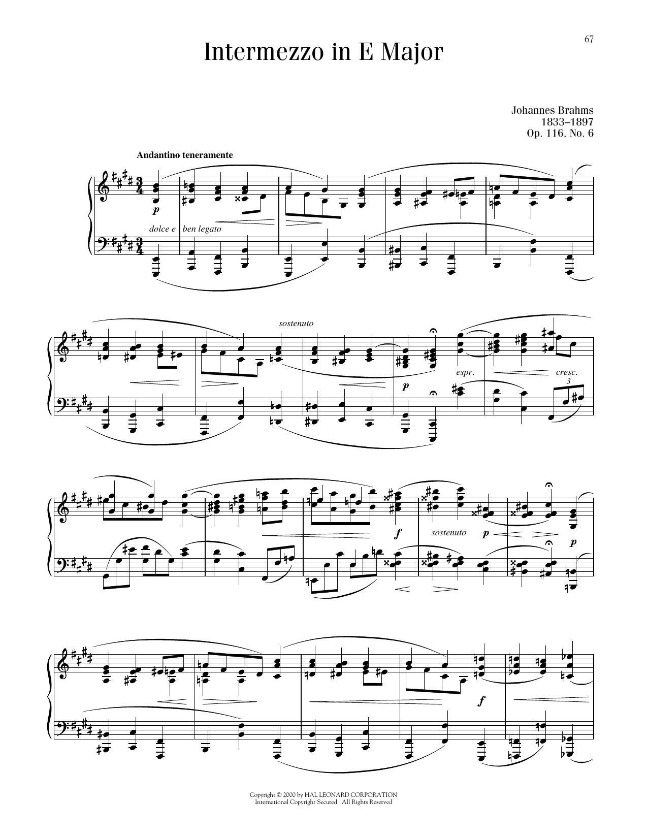 Johannes Brahms Intermezzo In E Major, Op. 116, No. 6 sheet music notes printable PDF score