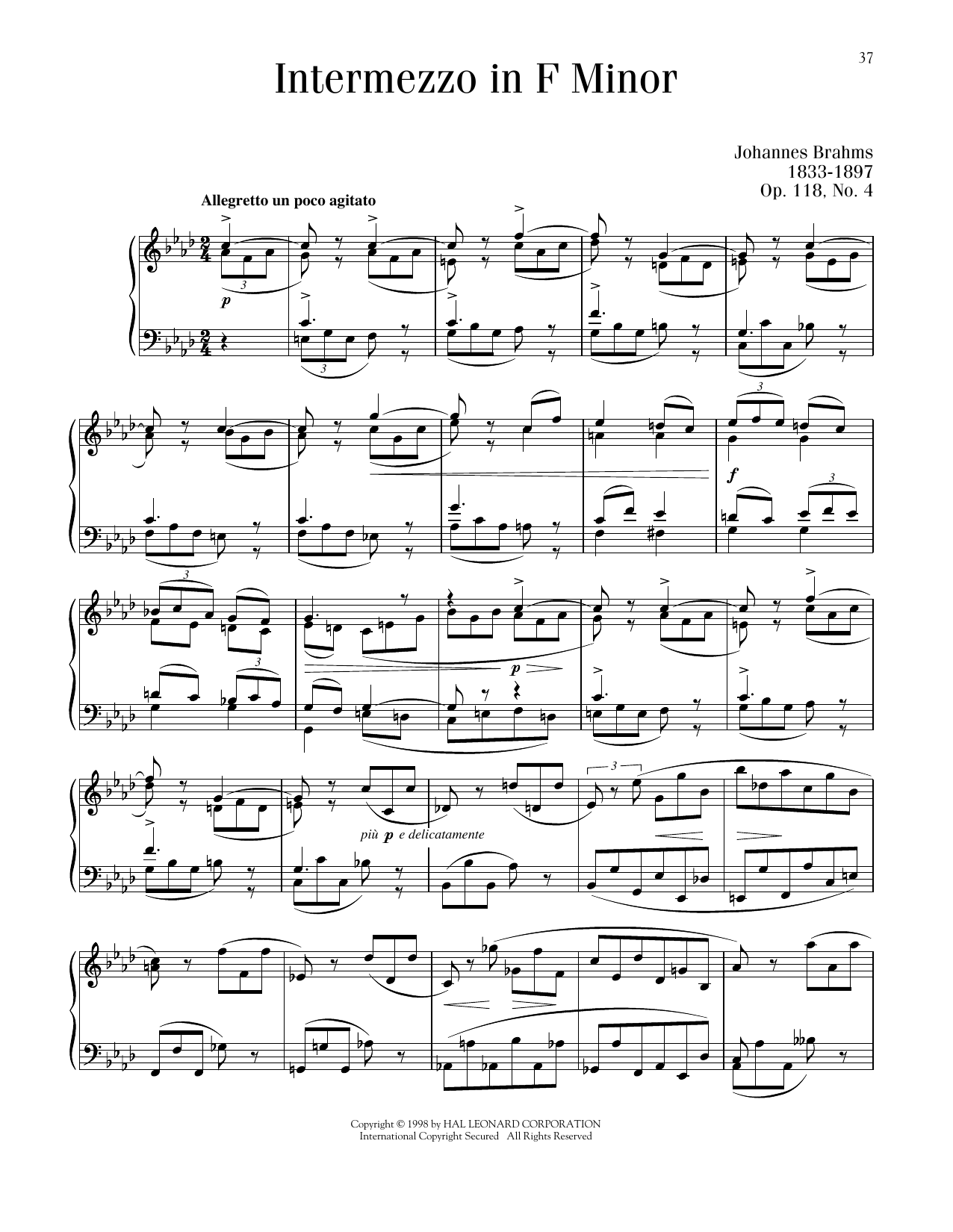Johannes Brahms Intermezzo, Op. 118, No. 4 sheet music notes printable PDF score