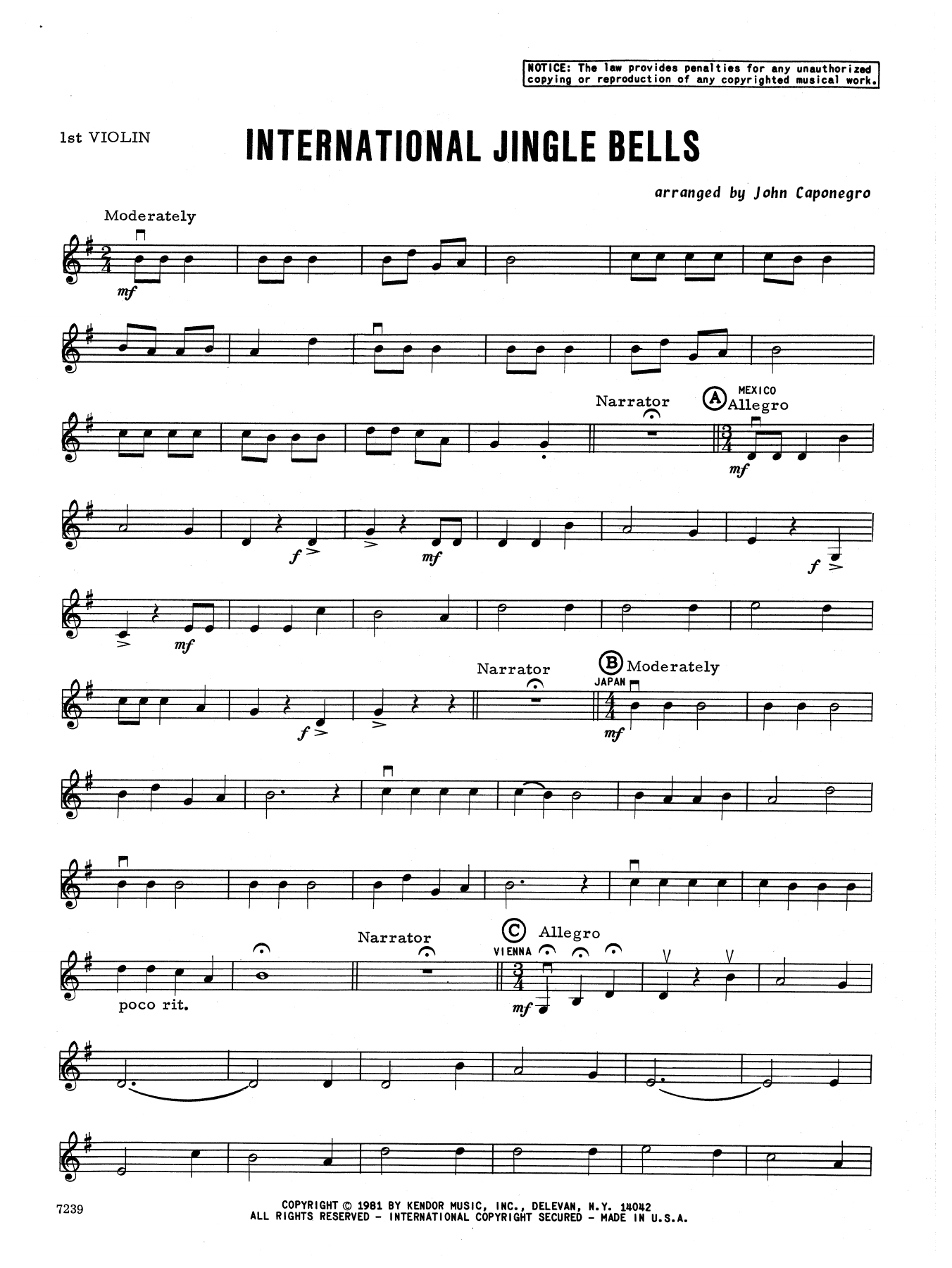 Download John Caponegro International Jingle Bells - 1st Violin Sheet Music