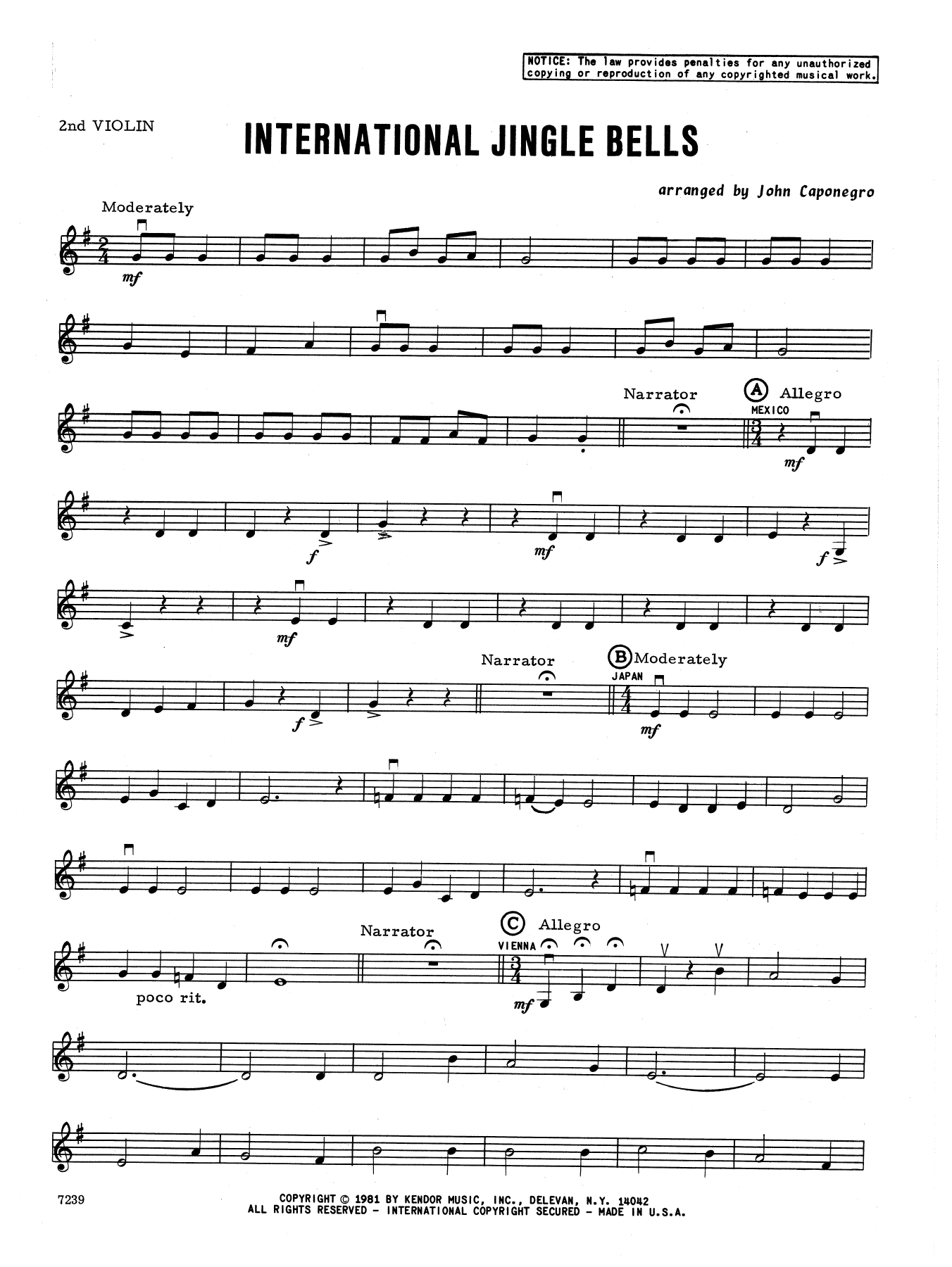 Download John Caponegro International Jingle Bells - 2nd Violin Sheet Music