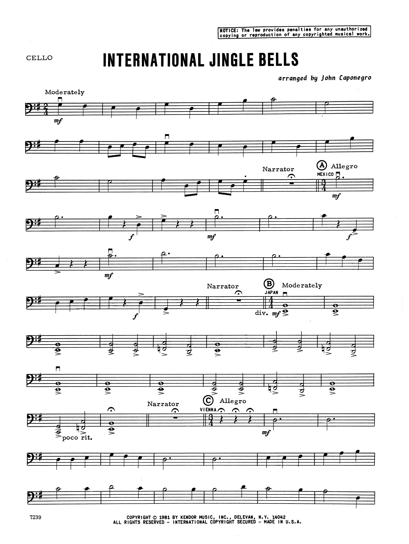 Download John Caponegro International Jingle Bells - Cello Sheet Music