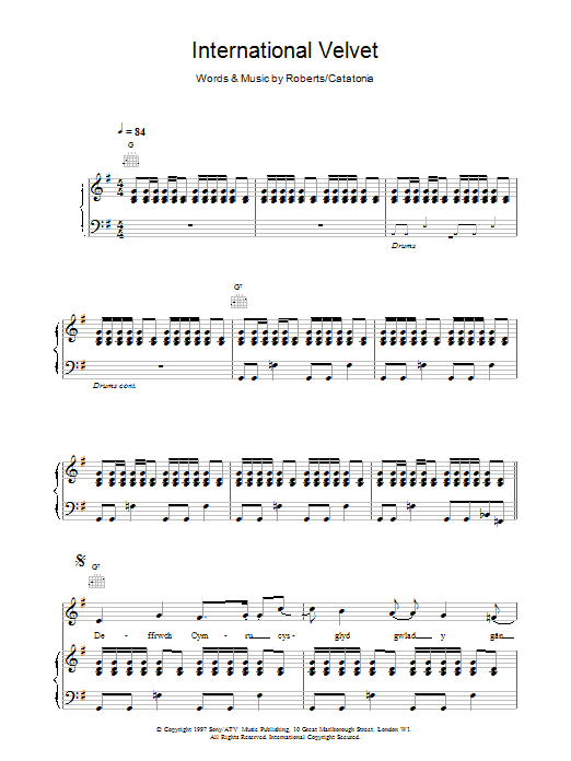 Catatonia International Velvet sheet music notes printable PDF score