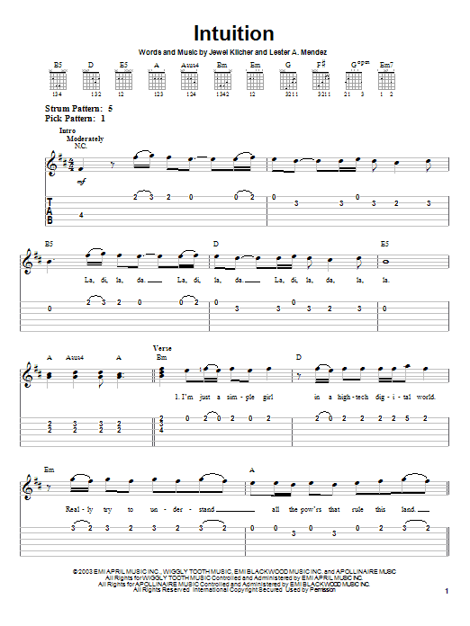 Download Jewel Intuition Sheet Music