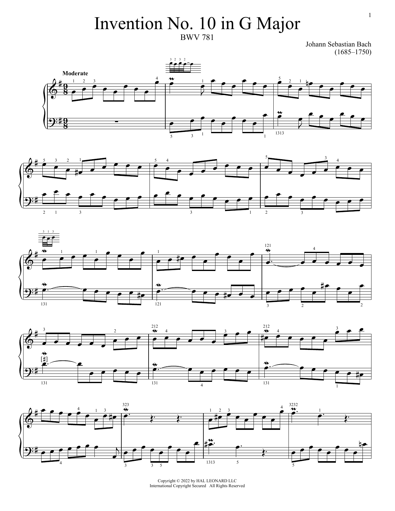 Download Johann Sebastian Bach Invention No. 10 In G Major, BWV 781 Sheet Music