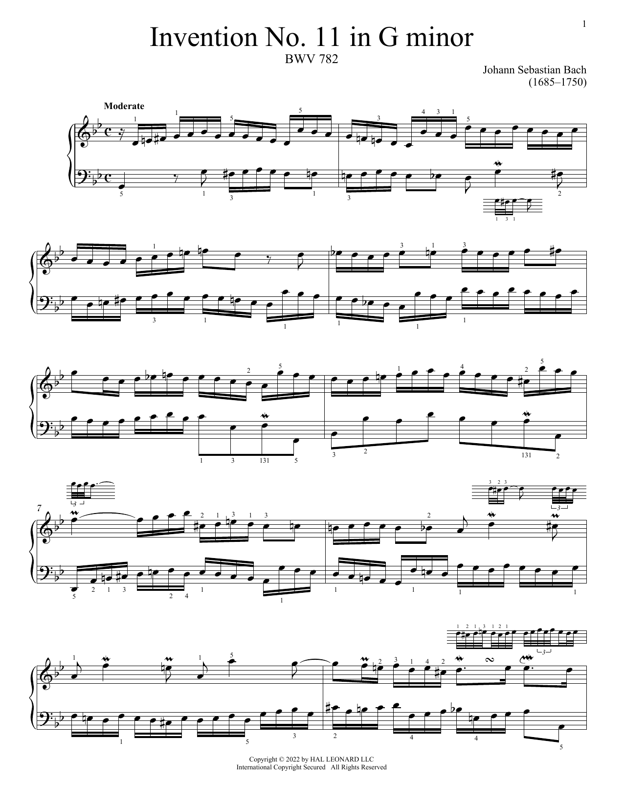 Download Johann Sebastian Bach Invention No. 11 In G Minor, BWV 782 Sheet Music