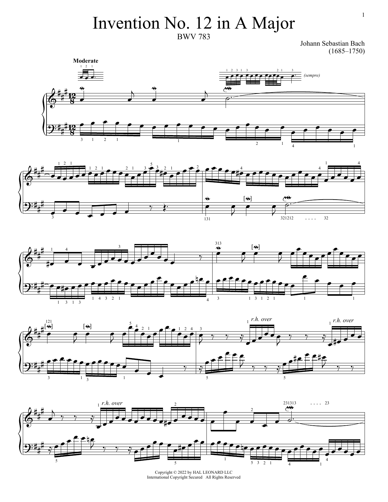 Download Johann Sebastian Bach Invention No. 12 In A Major, BWV 783 Sheet Music