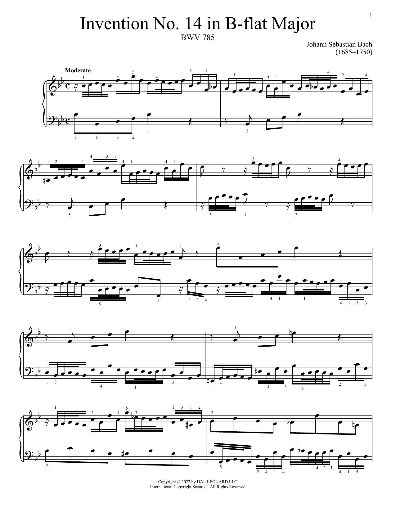 Download Johann Sebastian Bach Invention No. 14 In B-Flat Major, BWV 7 Sheet Music
