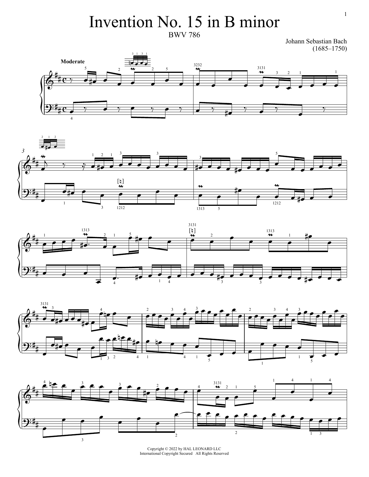 Download Johann Sebastian Bach Invention No. 15 In B Minor, BWV 786 Sheet Music