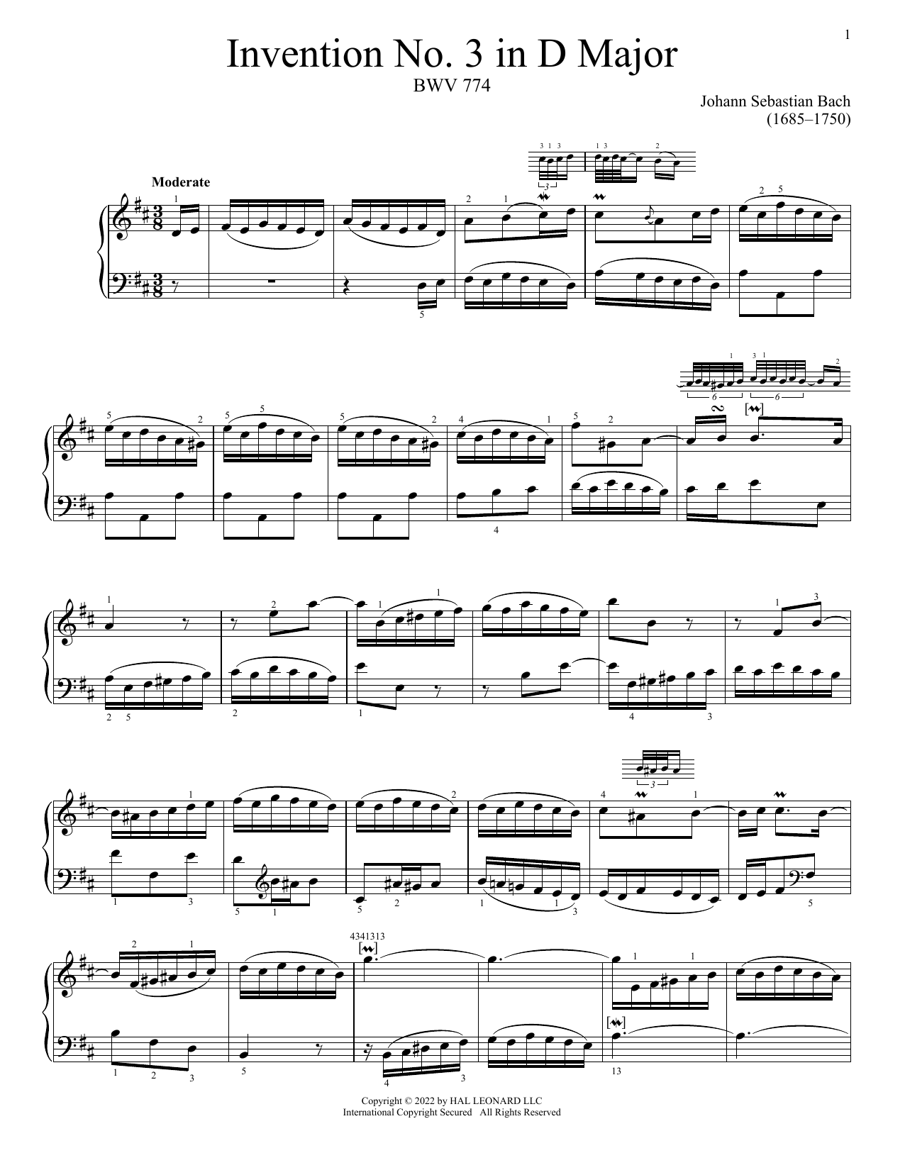 Download Johann Sebastian Bach Invention No. 3 In D Major, BWV 774 Sheet Music