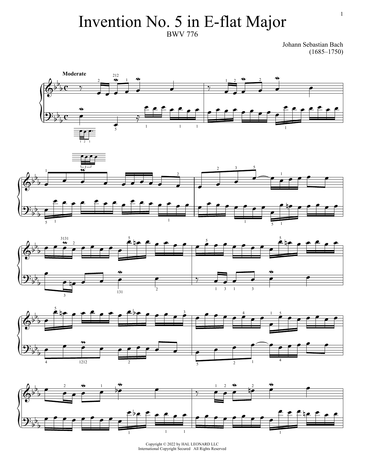 Download Johann Sebastian Bach Invention No. 5 In E-Flat Major, BWV 77 Sheet Music