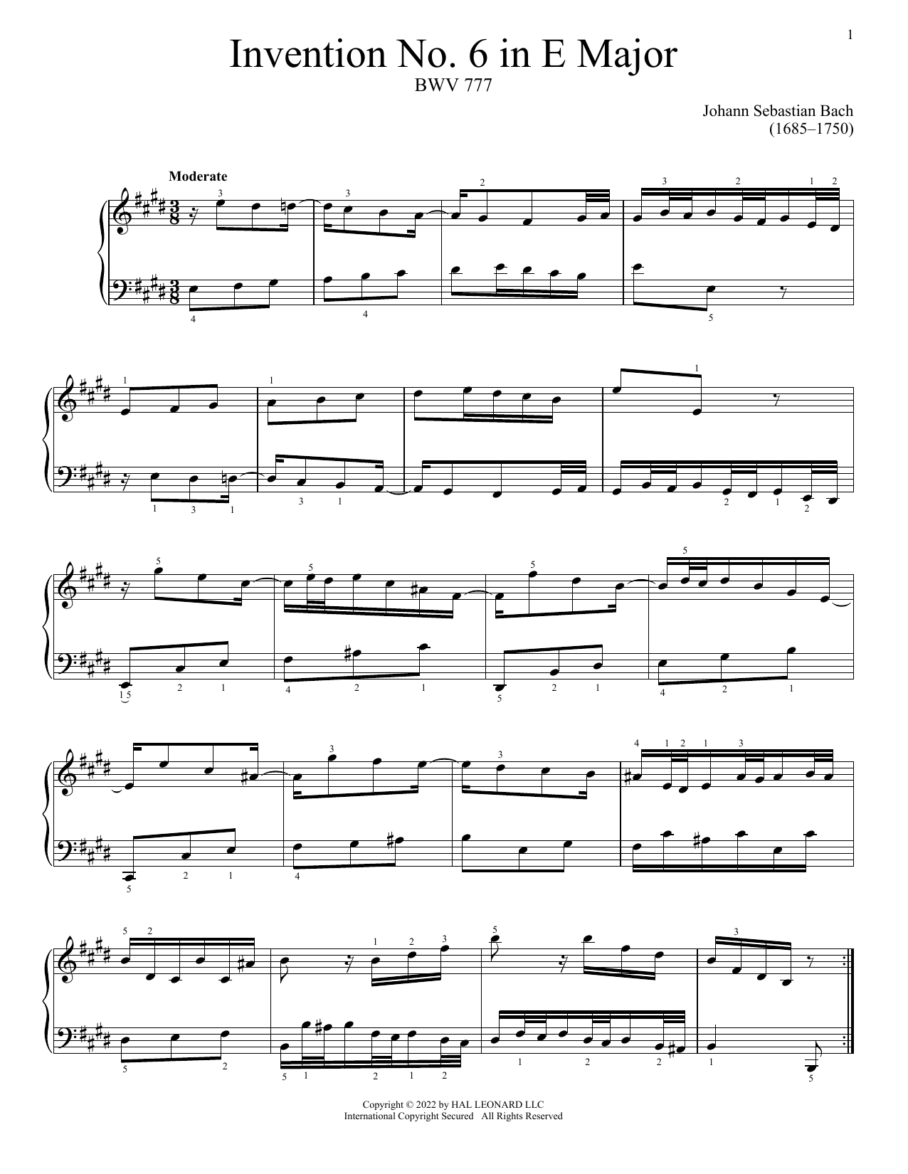 Download Johann Sebastian Bach Invention No. 6 In E Major, BWV 777 Sheet Music