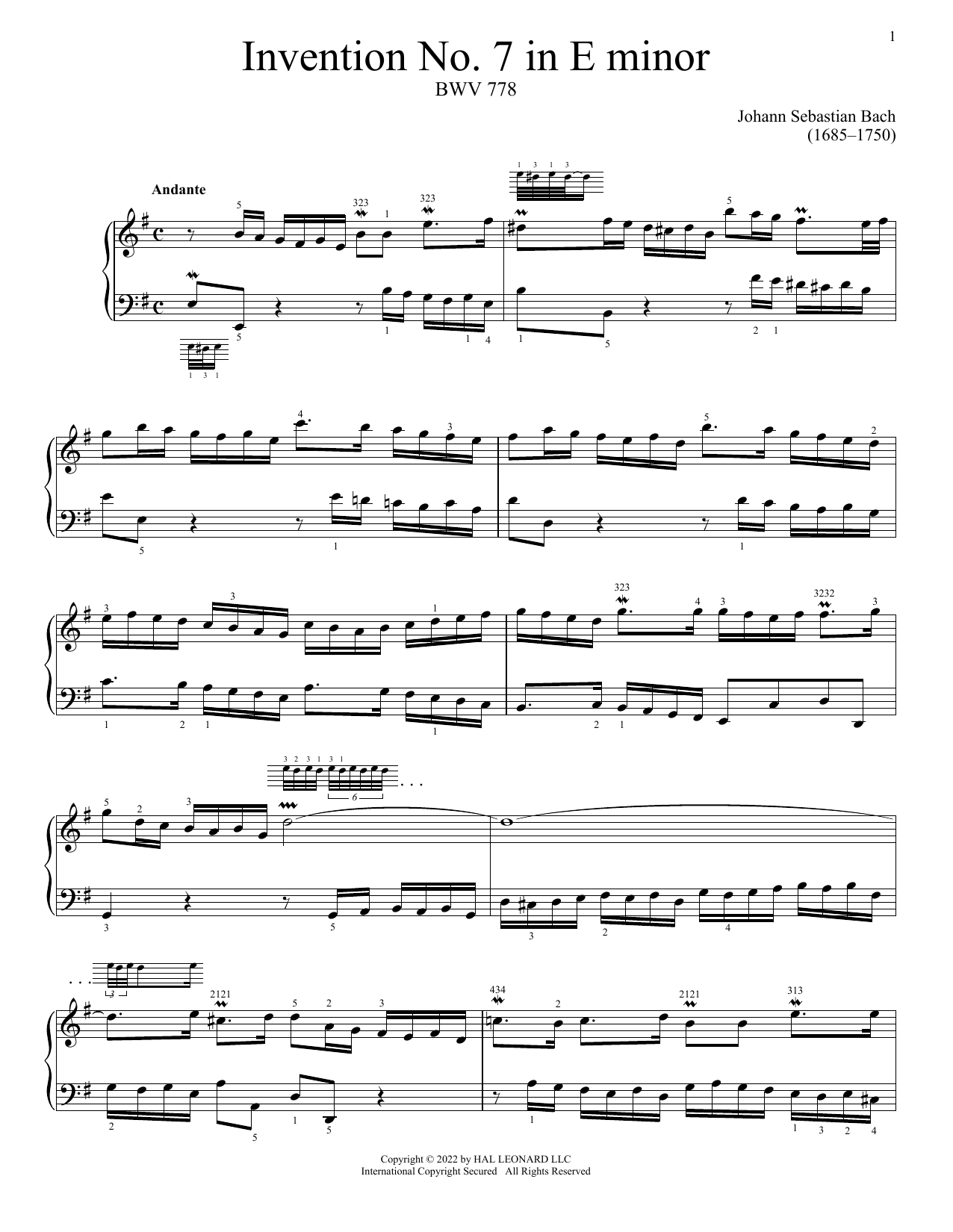 Download Johann Sebastian Bach Invention No. 7 In E Minor, BWV 778 Sheet Music