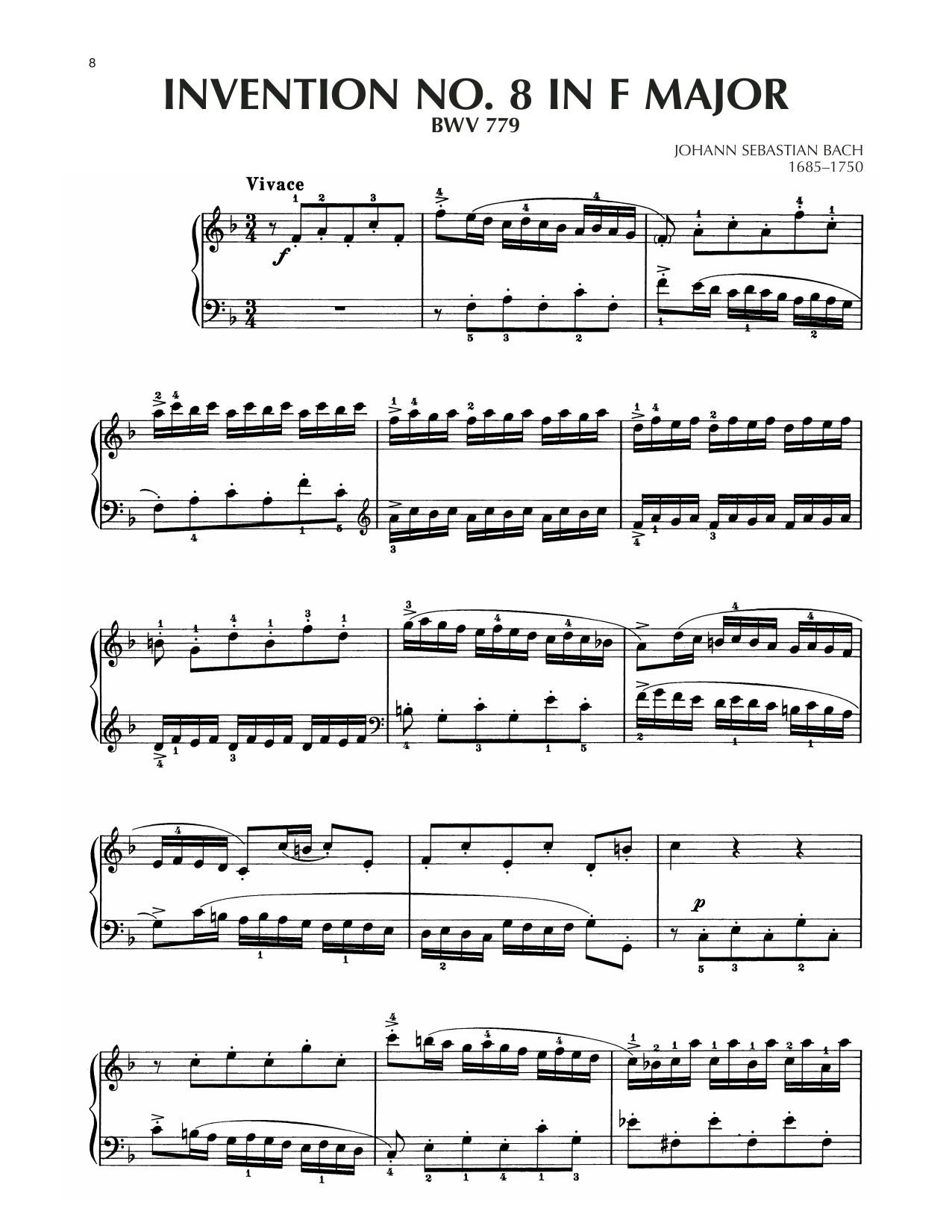 Download Johann Sebastian Bach Invention No. 8 In F Major, BWV 779 Sheet Music