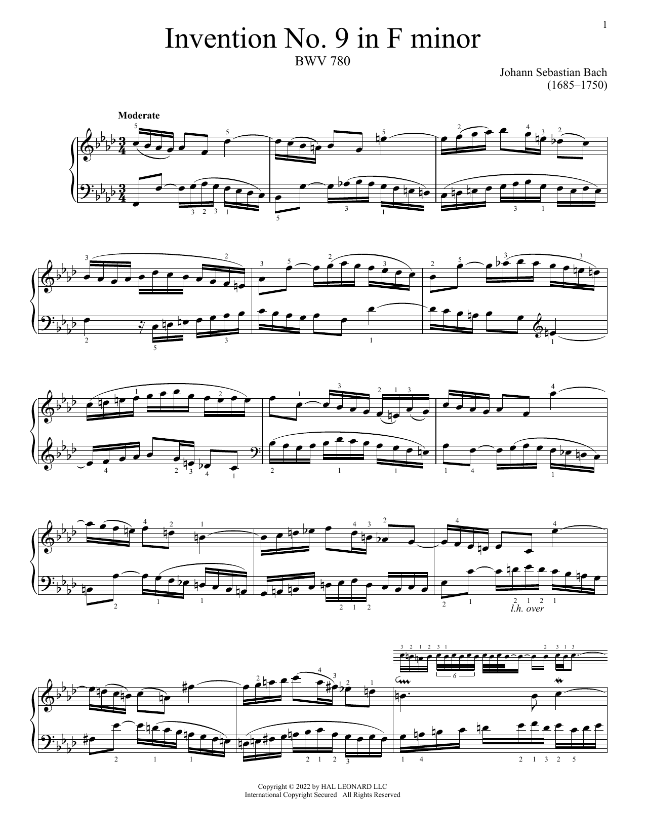 Download Johann Sebastian Bach Invention No. 9 In F Minor, BWV 780 Sheet Music