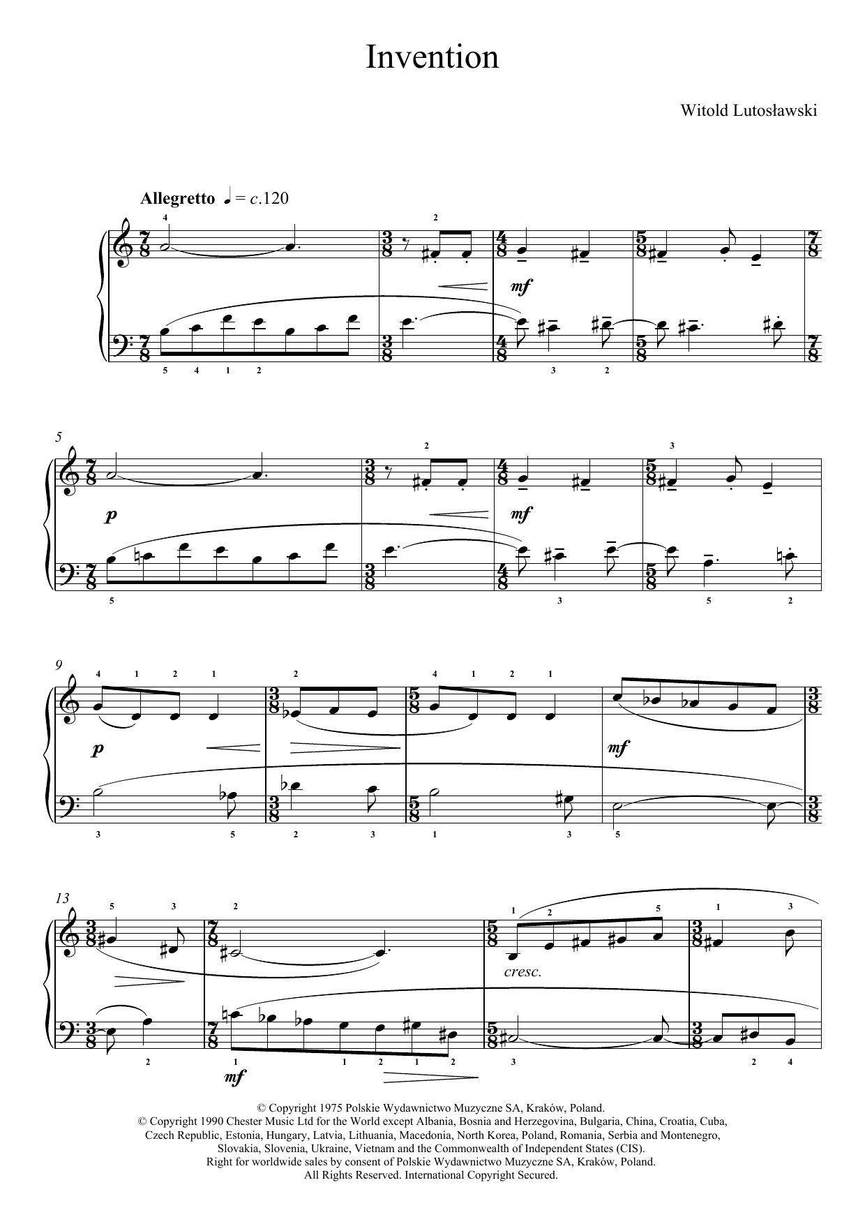 Download Witold Lutoslawski Invention Sheet Music