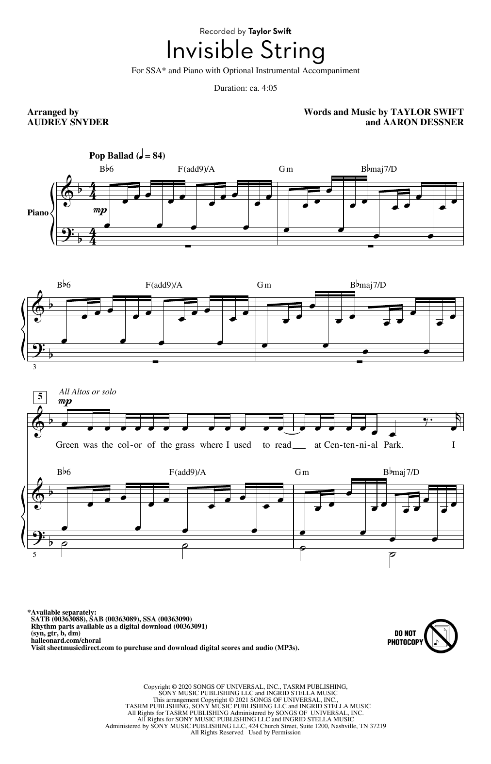Download Taylor Swift invisible string (arr. Audrey Snyder) Sheet Music
