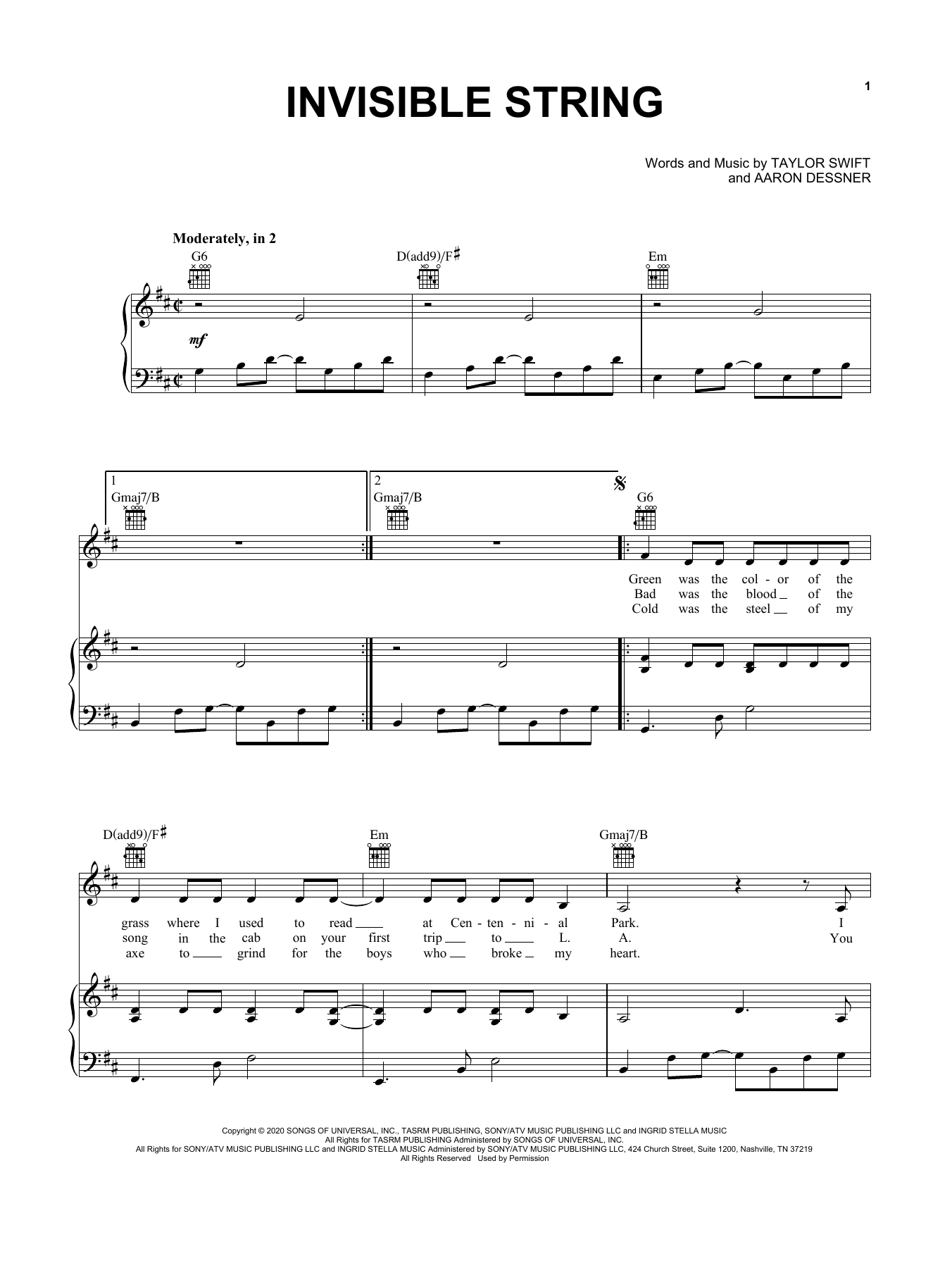 Download Taylor Swift invisible string Sheet Music