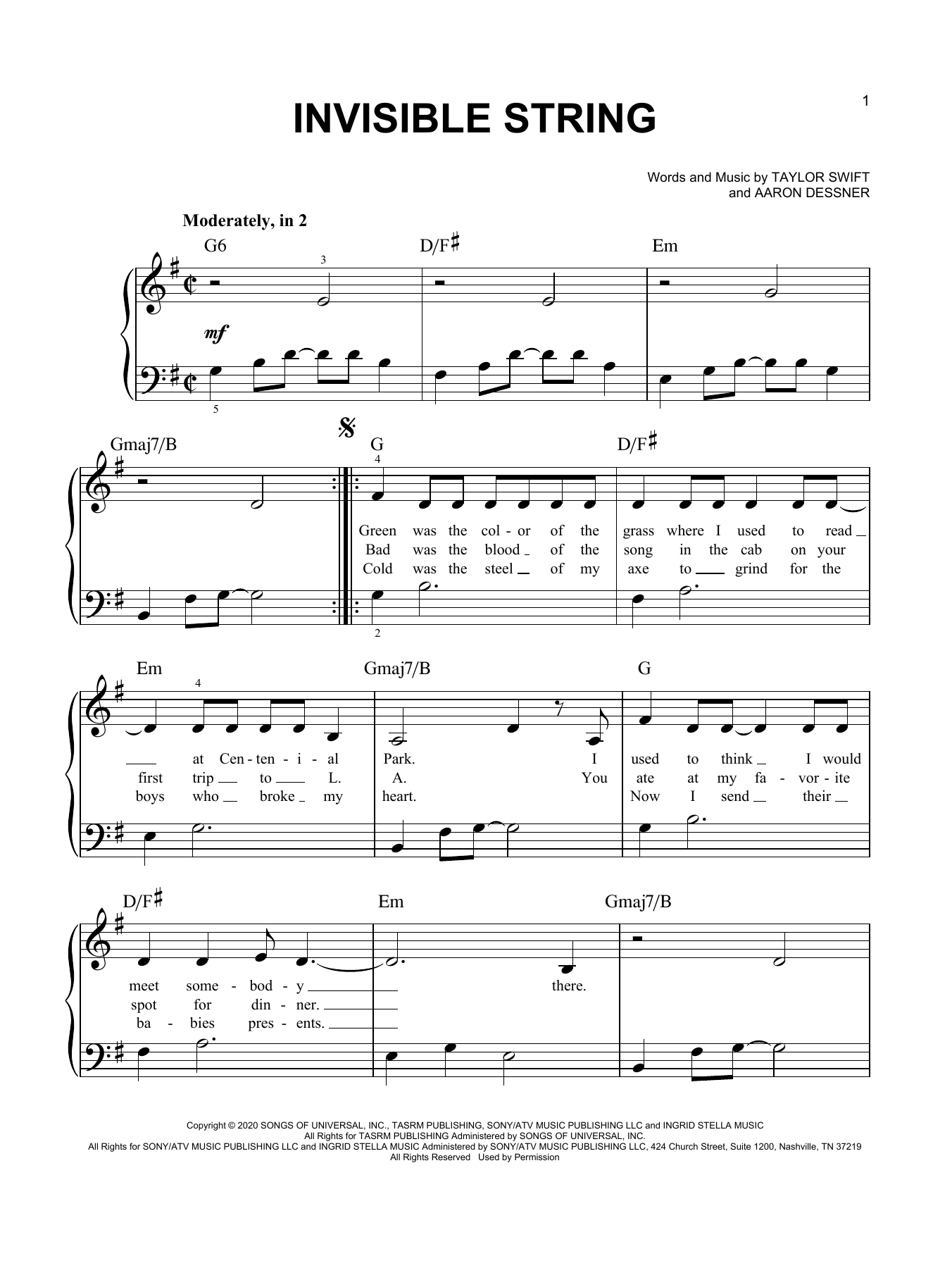 Download Taylor Swift invisible string Sheet Music