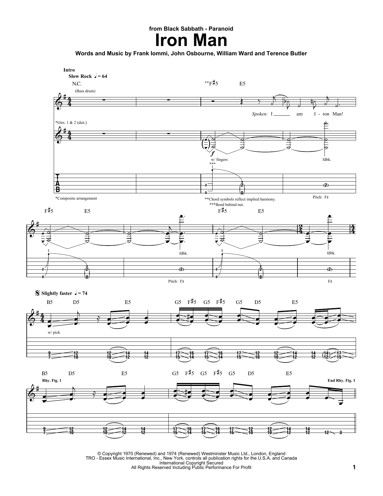 Black Sabbath Iron Man sheet music notes printable PDF score
