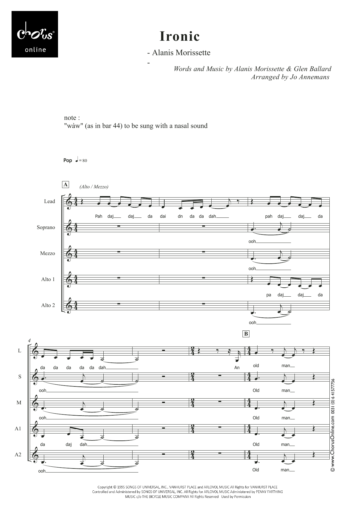 Alanis Morissette Ironic (arr. Jo Annemans) sheet music notes printable PDF score