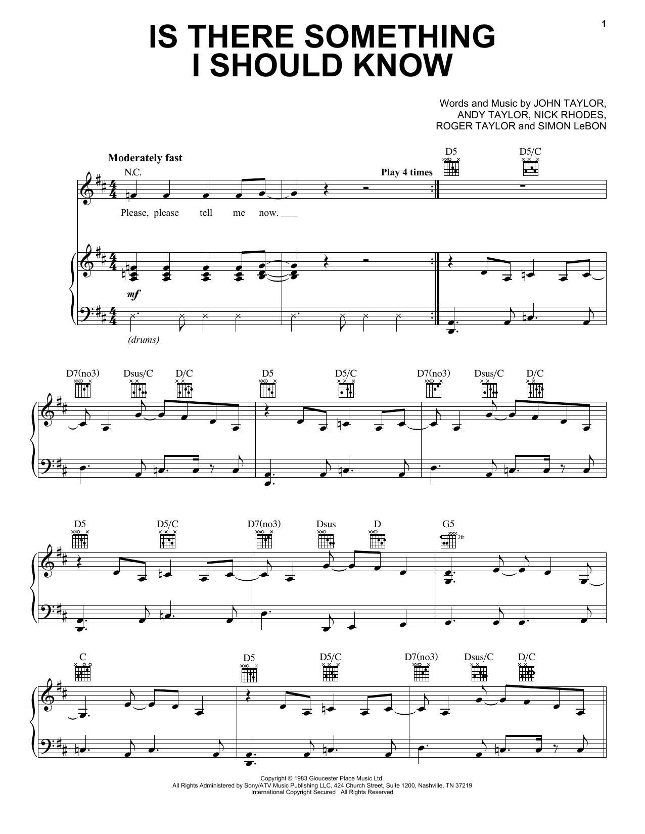 Download Duran Duran Is There Something I Should Know Sheet Music