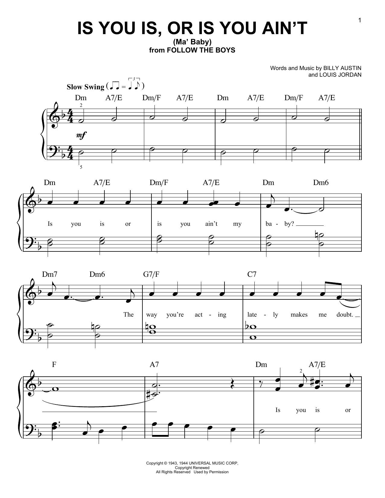 Download Louis Jordan Is You Is, Or Is You Ain't (Ma' Baby) Sheet Music