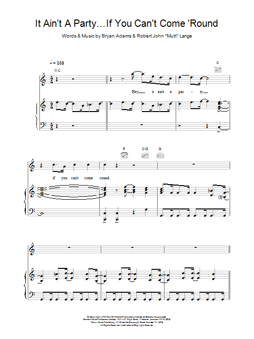 Download Bryan Adams It Ain't A Party If You Can't Come Roun Sheet Music