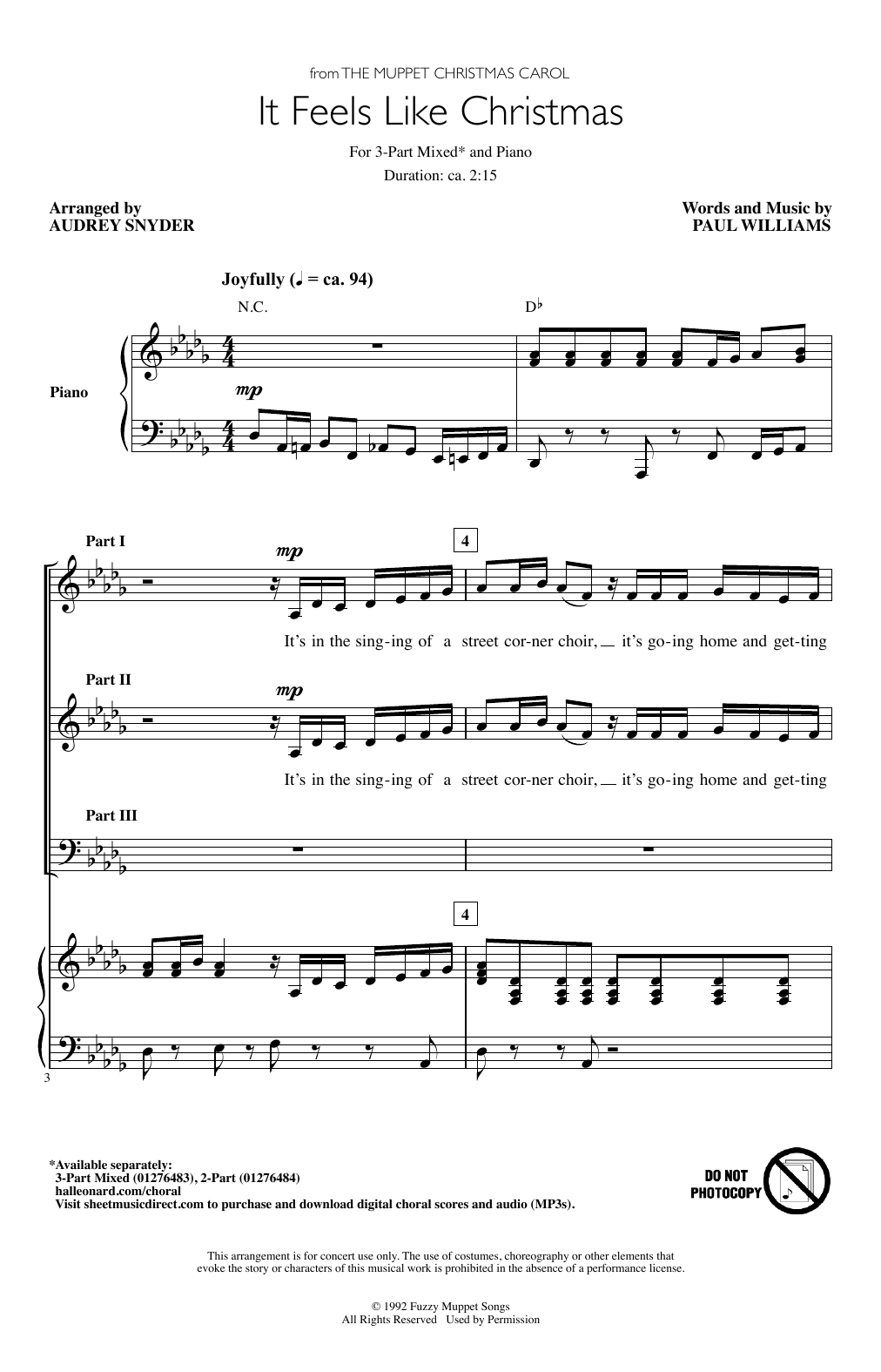 Paul Williams It Feels Like Christmas (from The Muppet Christmas Carol) (arr. Audrey Snyder) sheet music notes printable PDF score