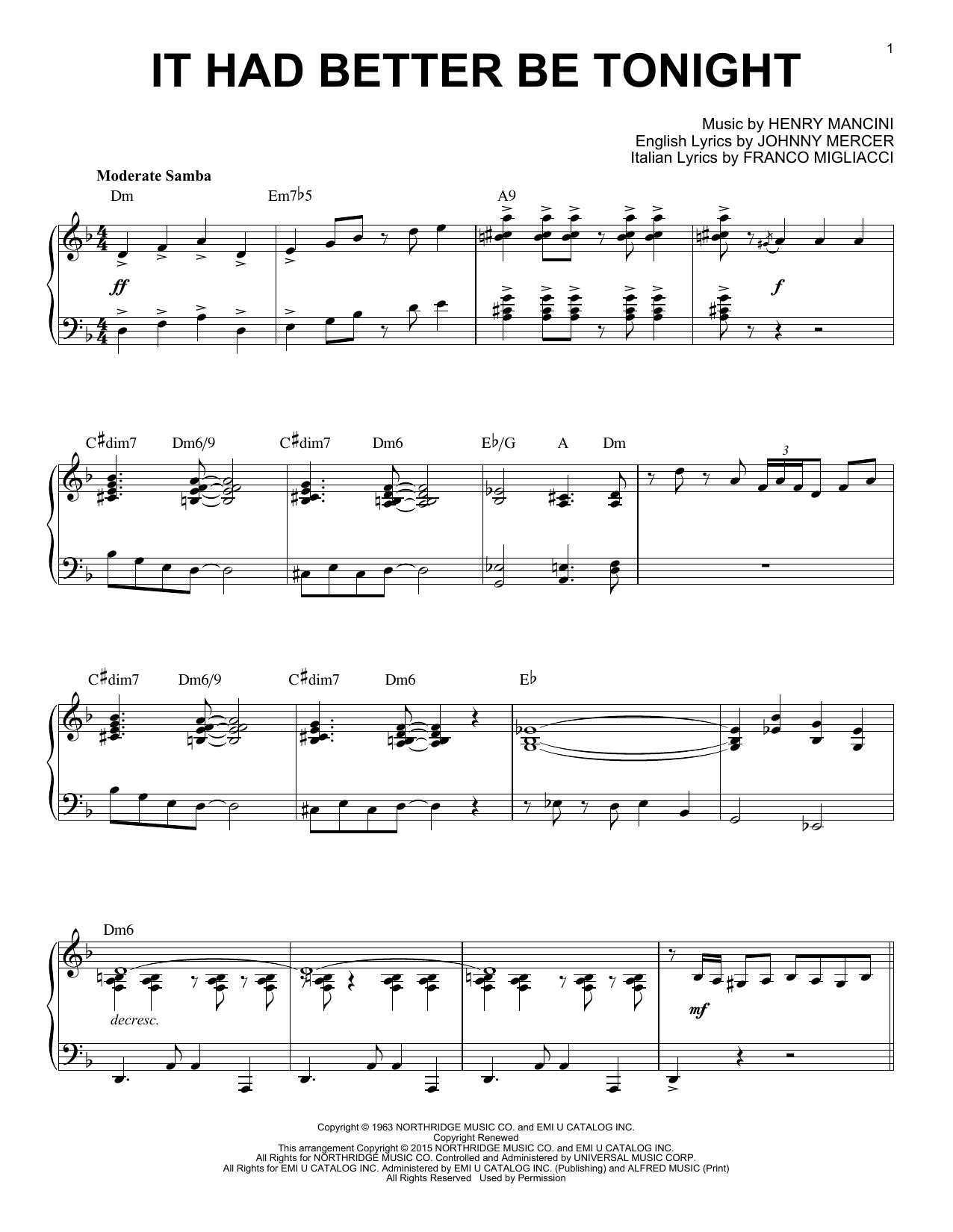 Download Henry Mancini It Had Better Be Tonight [Jazz version] Sheet Music