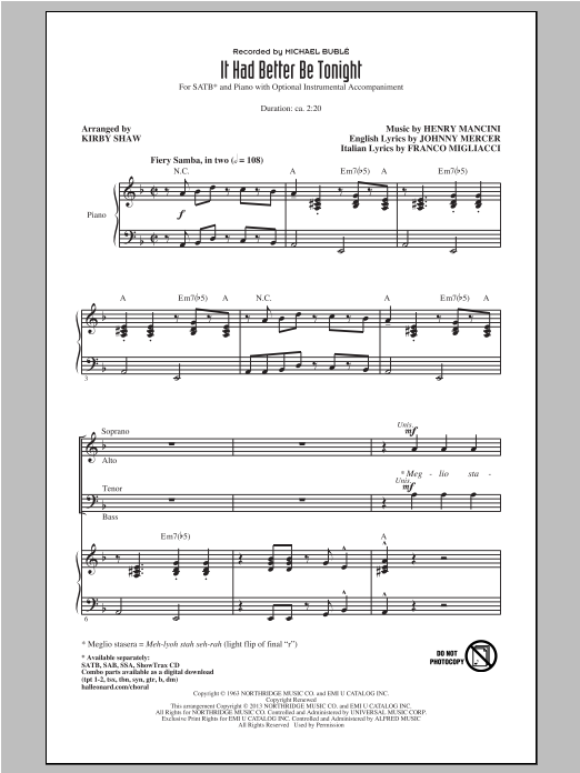 Download Michael Buble It Had Better Be Tonight (arr. Kirby Sh Sheet Music