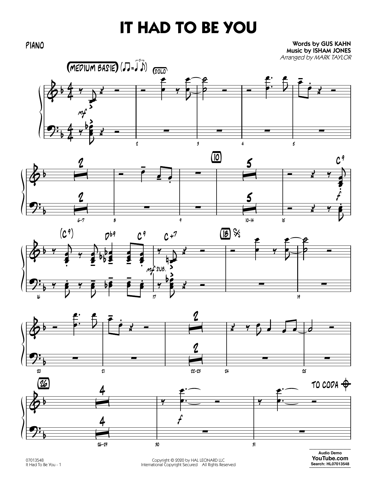 Download Isham Jones and Gus Kahn It Had to Be You (arr. Mark Taylor) - P Sheet Music