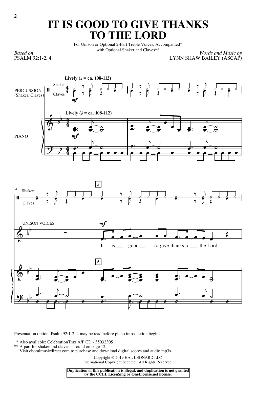 Download Lynn Shaw Bailey It Is Good To Give Thanks To The Lord Sheet Music