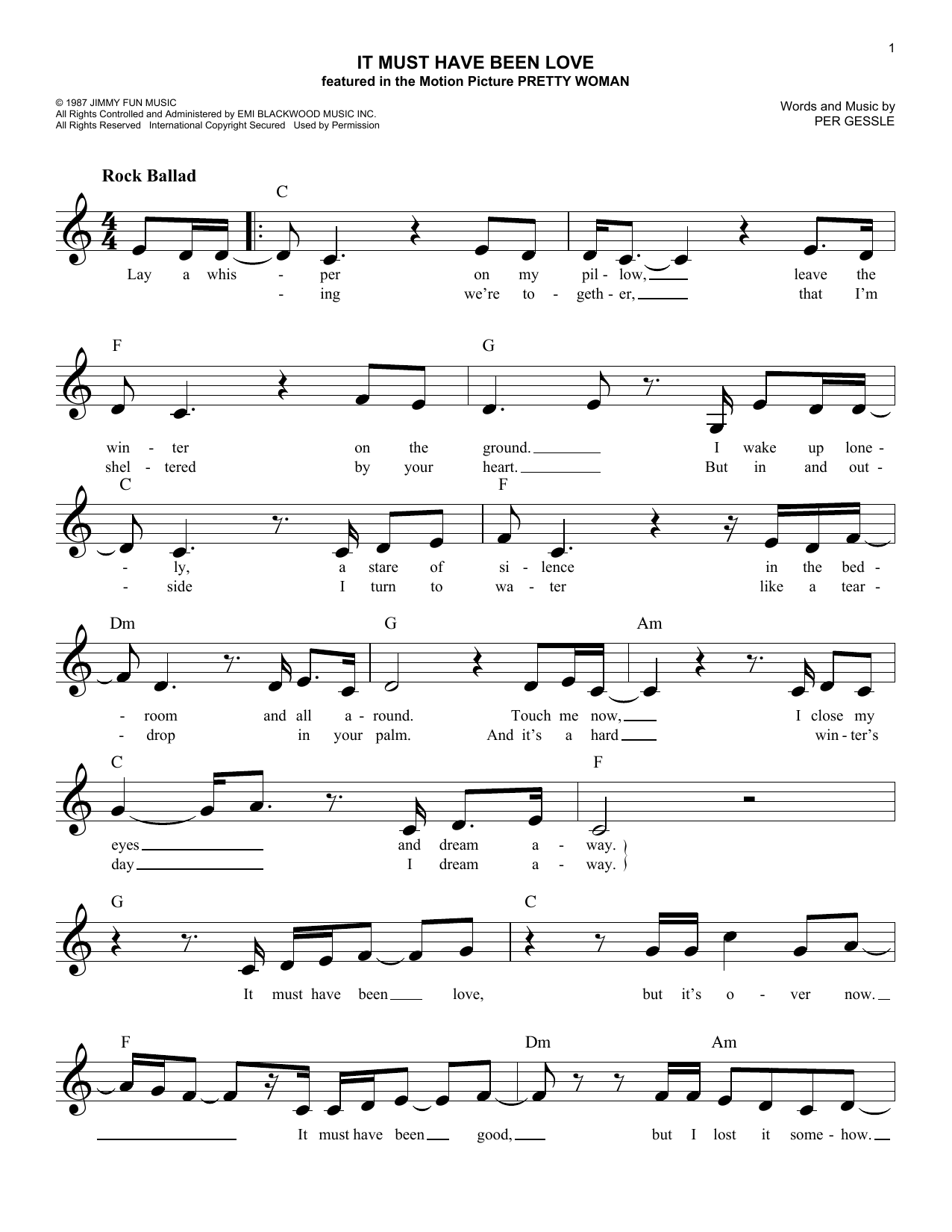 Download Roxette It Must Have Been Love Sheet Music