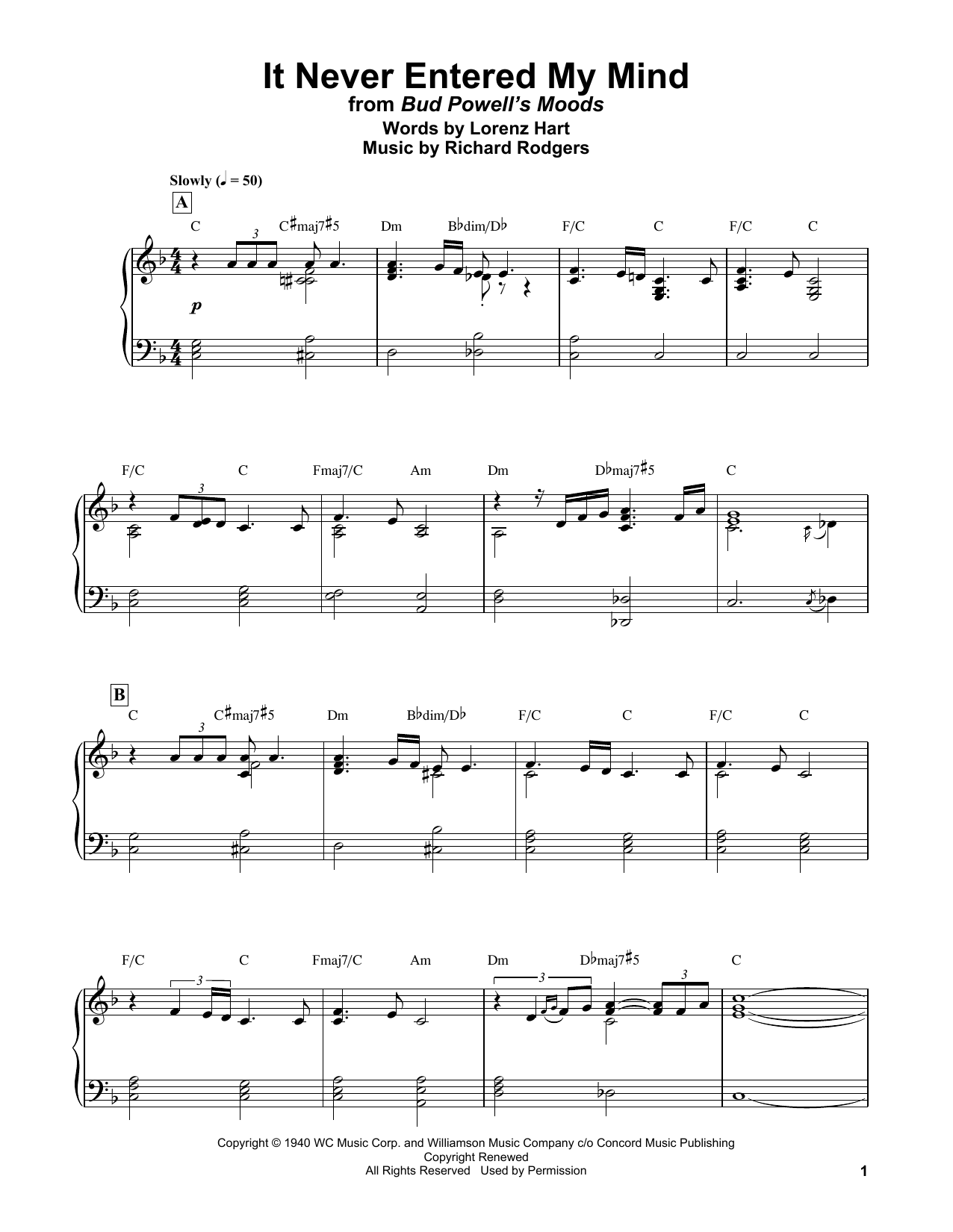 Download Bud Powell It Never Entered My Mind Sheet Music
