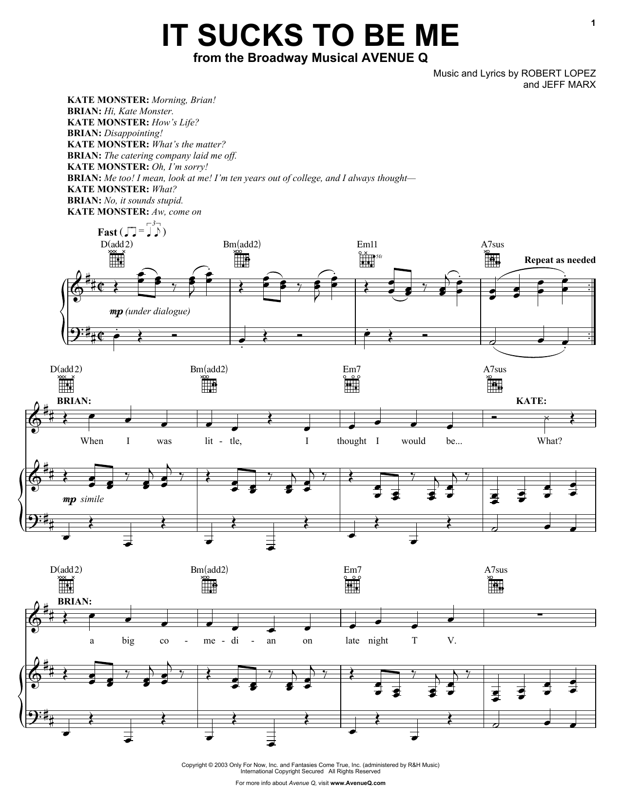 Download Robert Lopez & Jeff Marx It Sucks To Be Me (from Avenue Q) Sheet Music