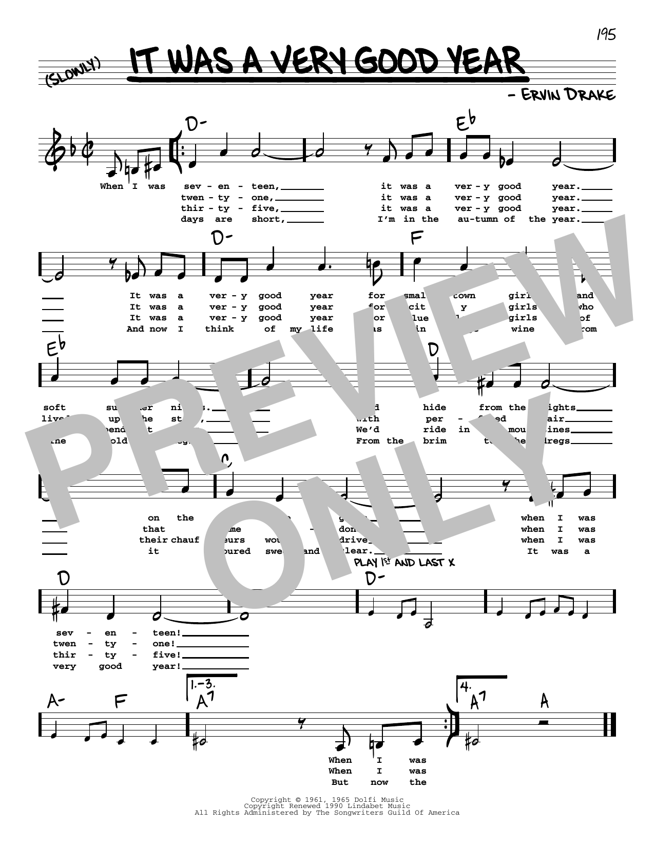 Ervin Drake It Was A Very Good Year (Low Voice) sheet music notes printable PDF score