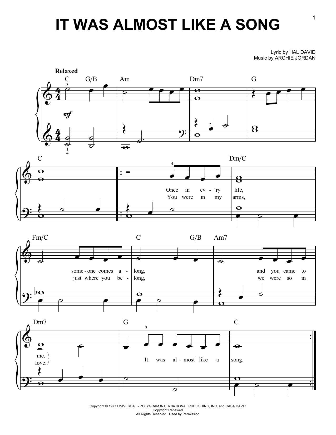 Download Ronnie Milsap It Was Almost Like A Song Sheet Music