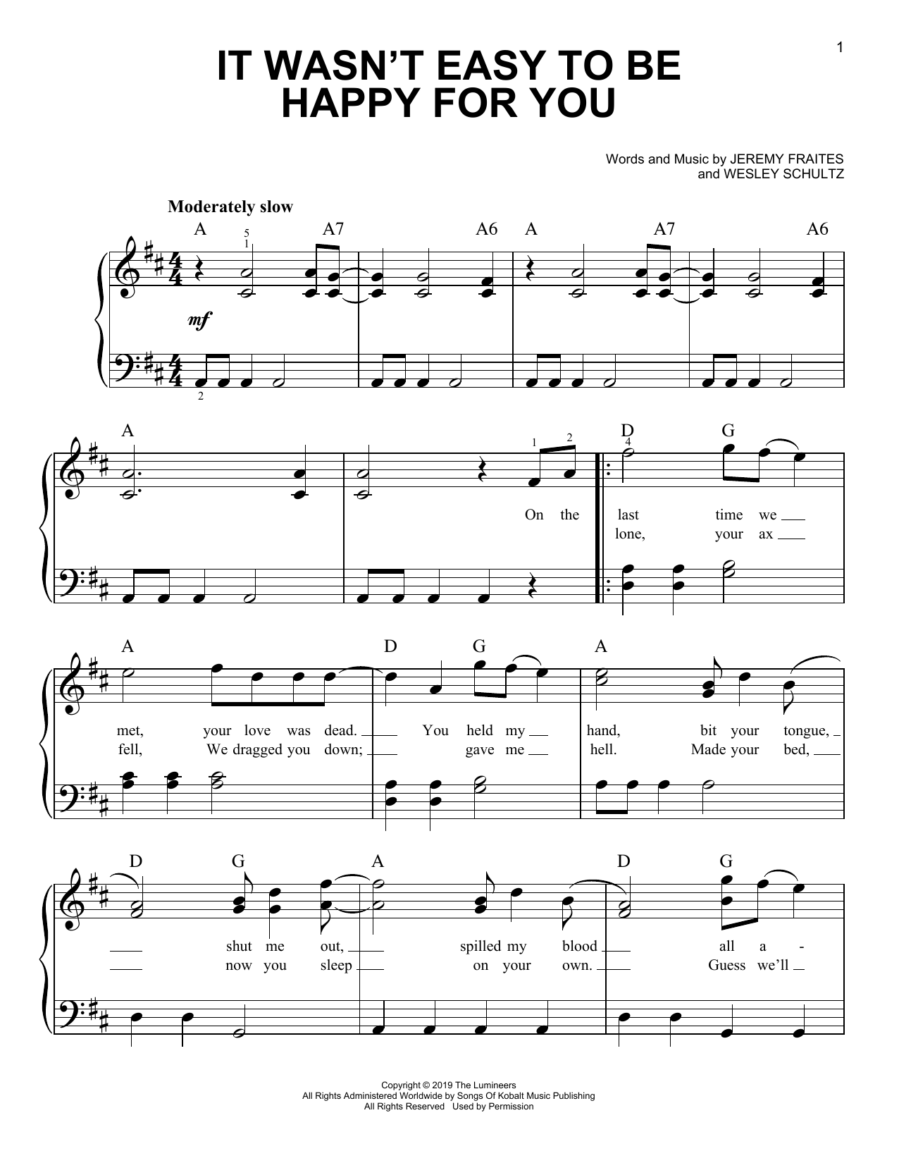 Download The Lumineers It Wasn't Easy To Be Happy For You Sheet Music