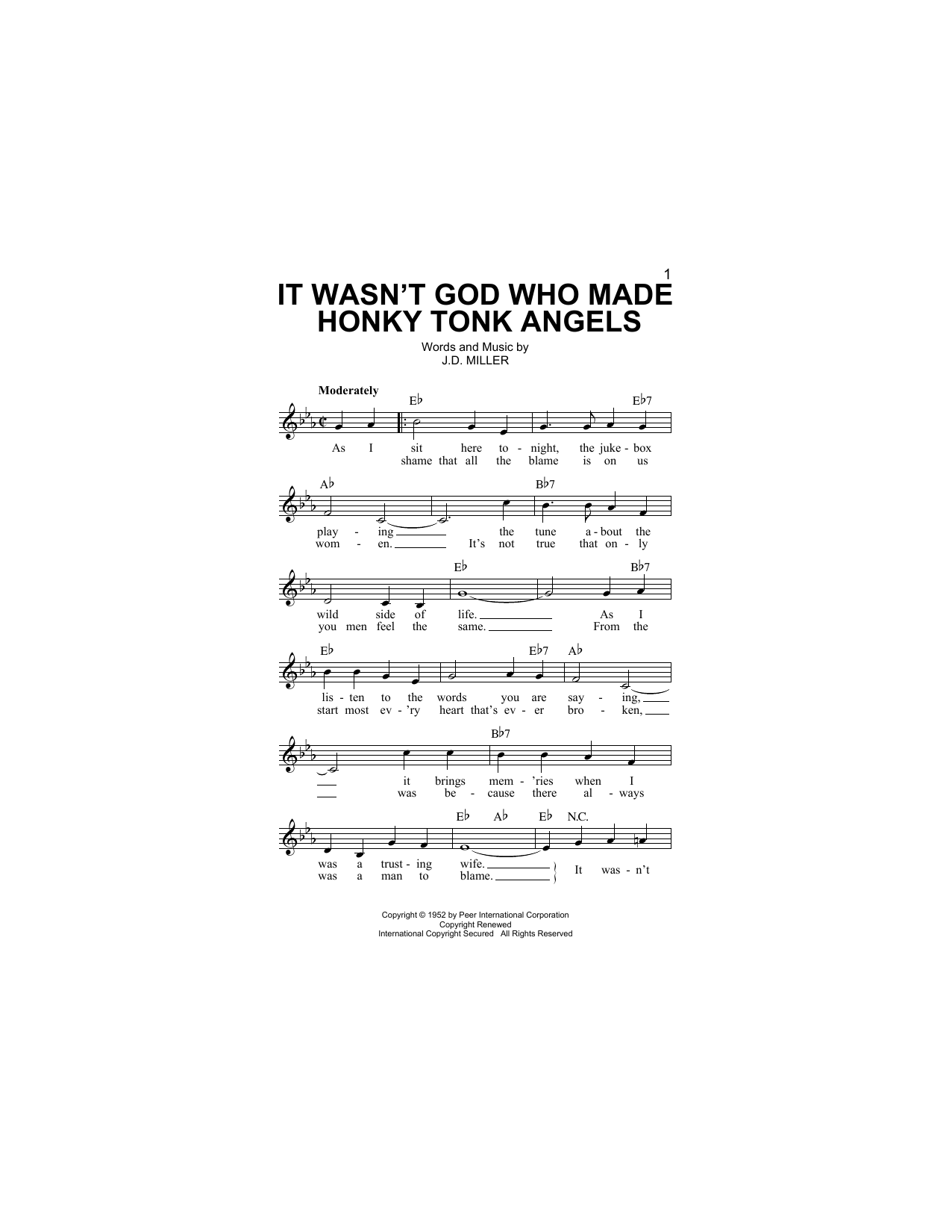 Download Kitty Wells It Wasn't God Who Made Honky Tonk Angel Sheet Music