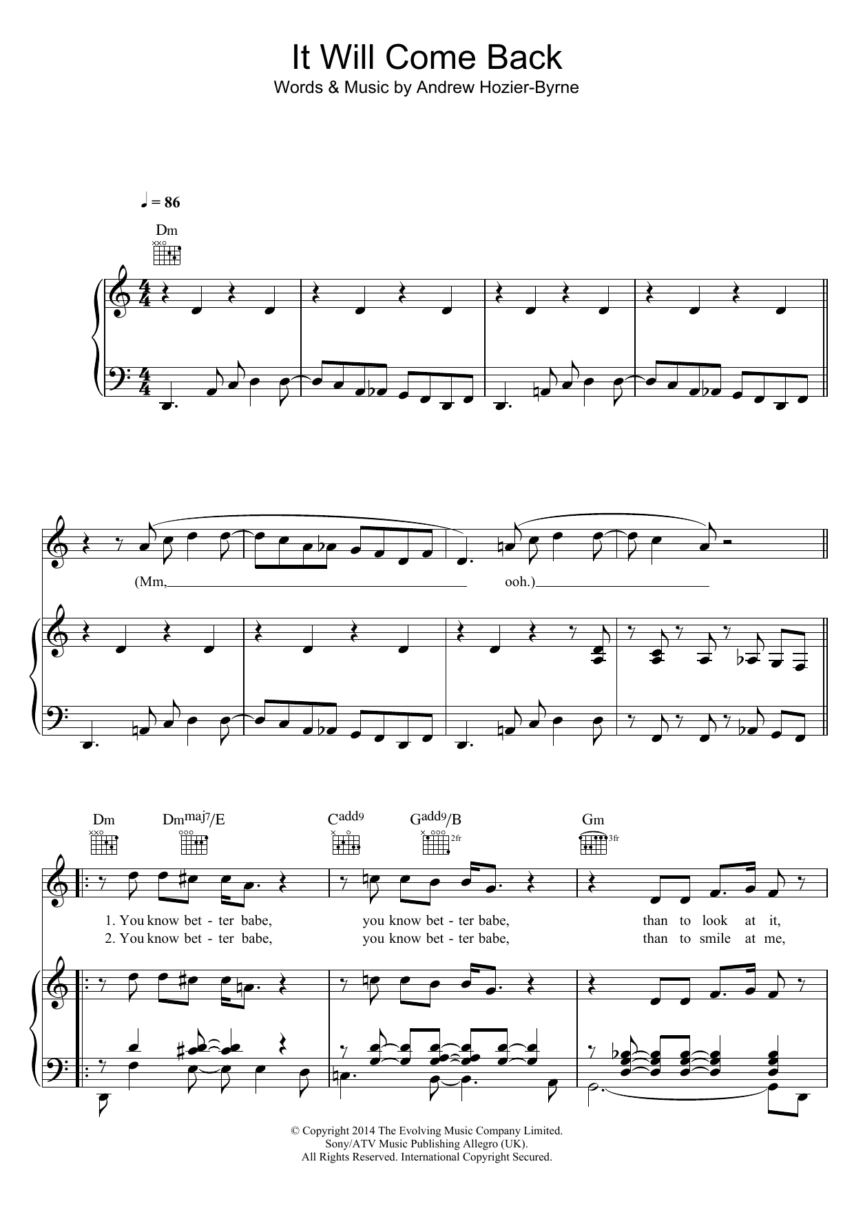 Download Hozier It Will Come Back Sheet Music