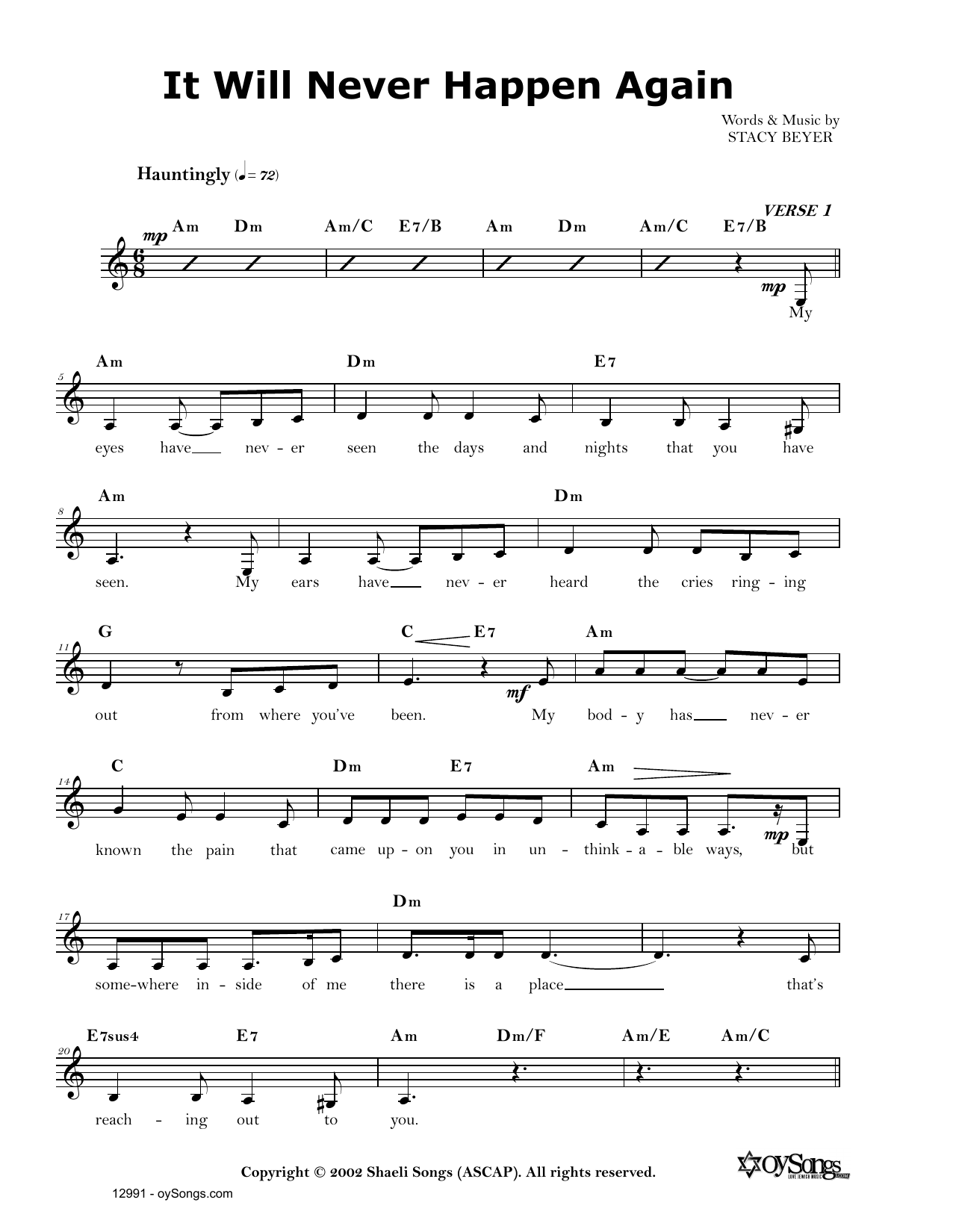 Download Stacy Beyer It Will Never Happen Again Sheet Music