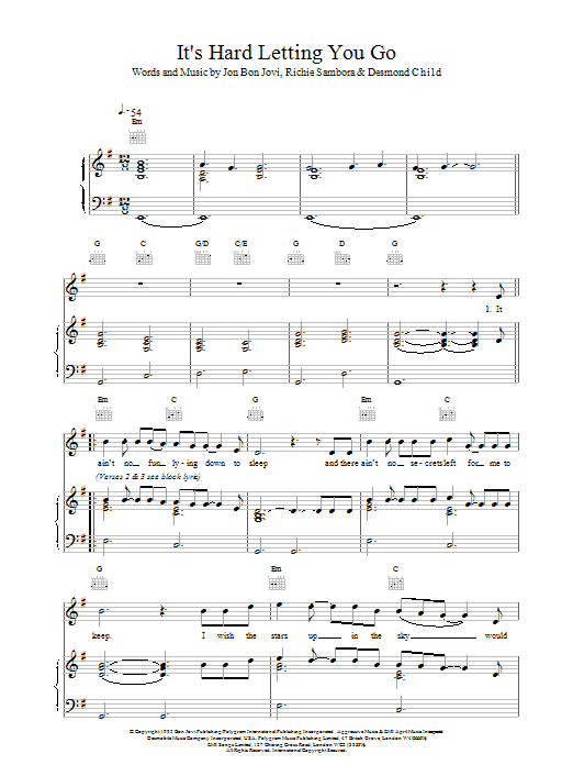 Bon Jovi It's Hard Letting You Go sheet music notes printable PDF score