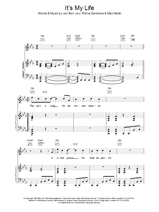 Bon Jovi It's My Life sheet music notes printable PDF score