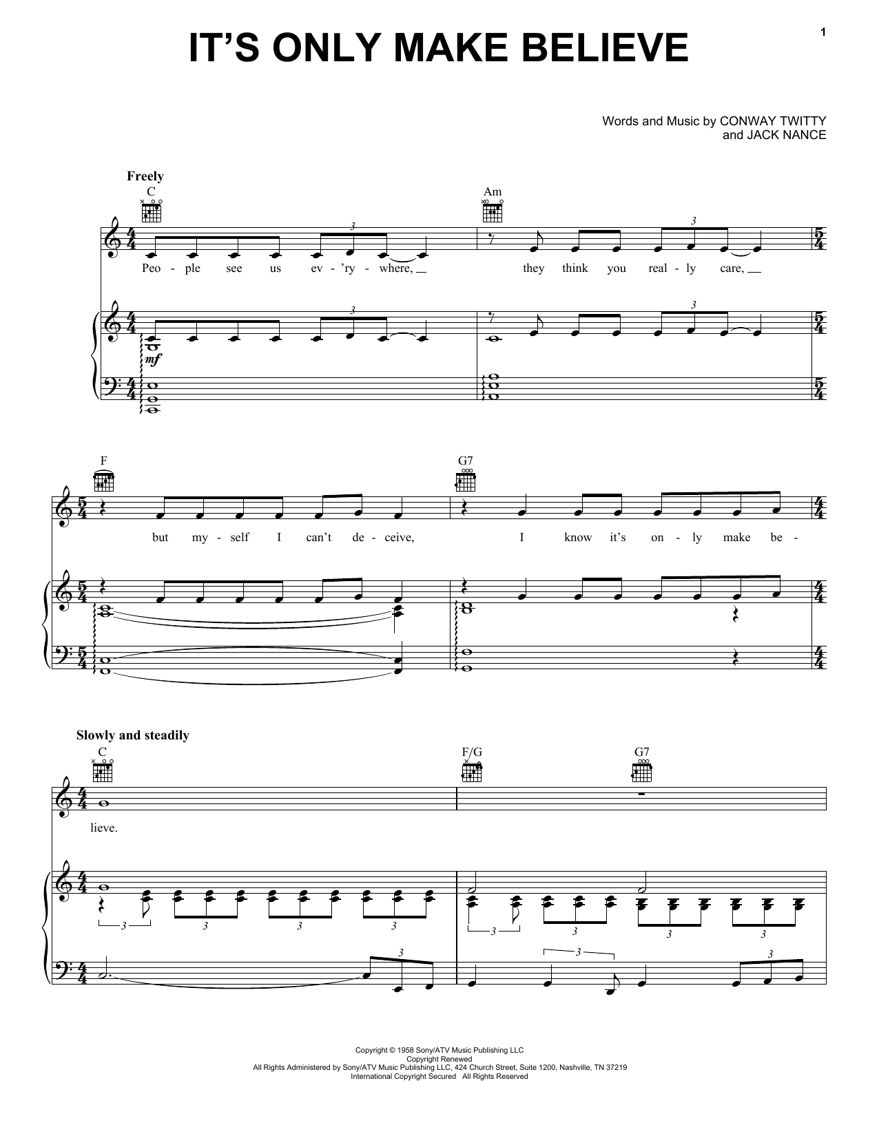 Conway Twitty It's Only Make Believe sheet music notes printable PDF score