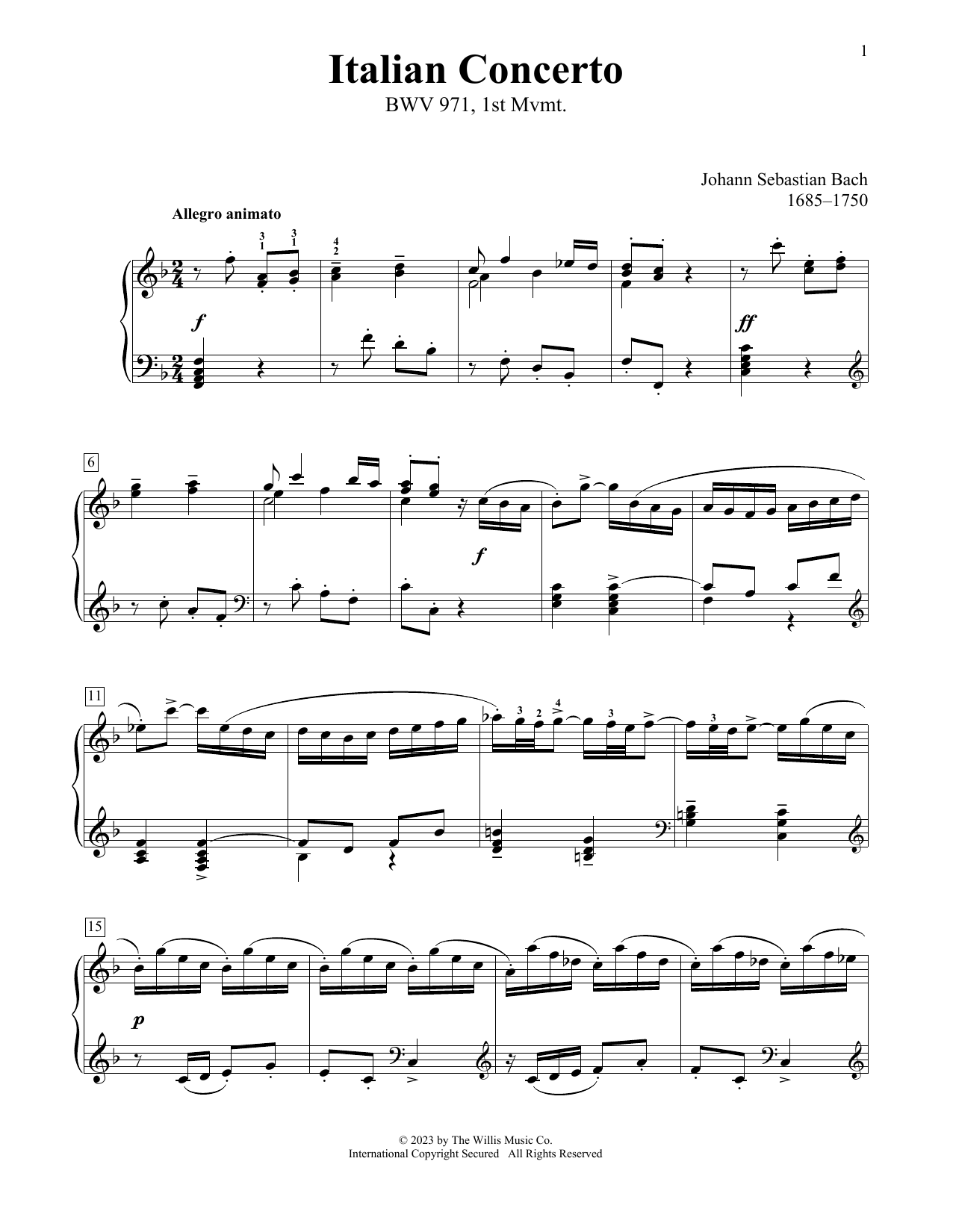 Johann Sebastian Bach Italian Concerto In F Major, BWV 971 sheet music notes printable PDF score