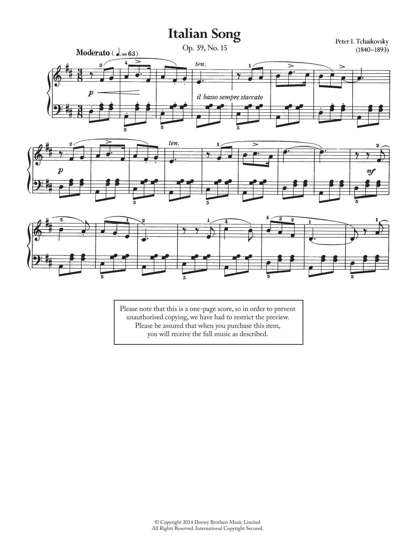 Download Pyotr Ilyich Tchaikovsky Italian Song, Op.39 No.15 Sheet Music