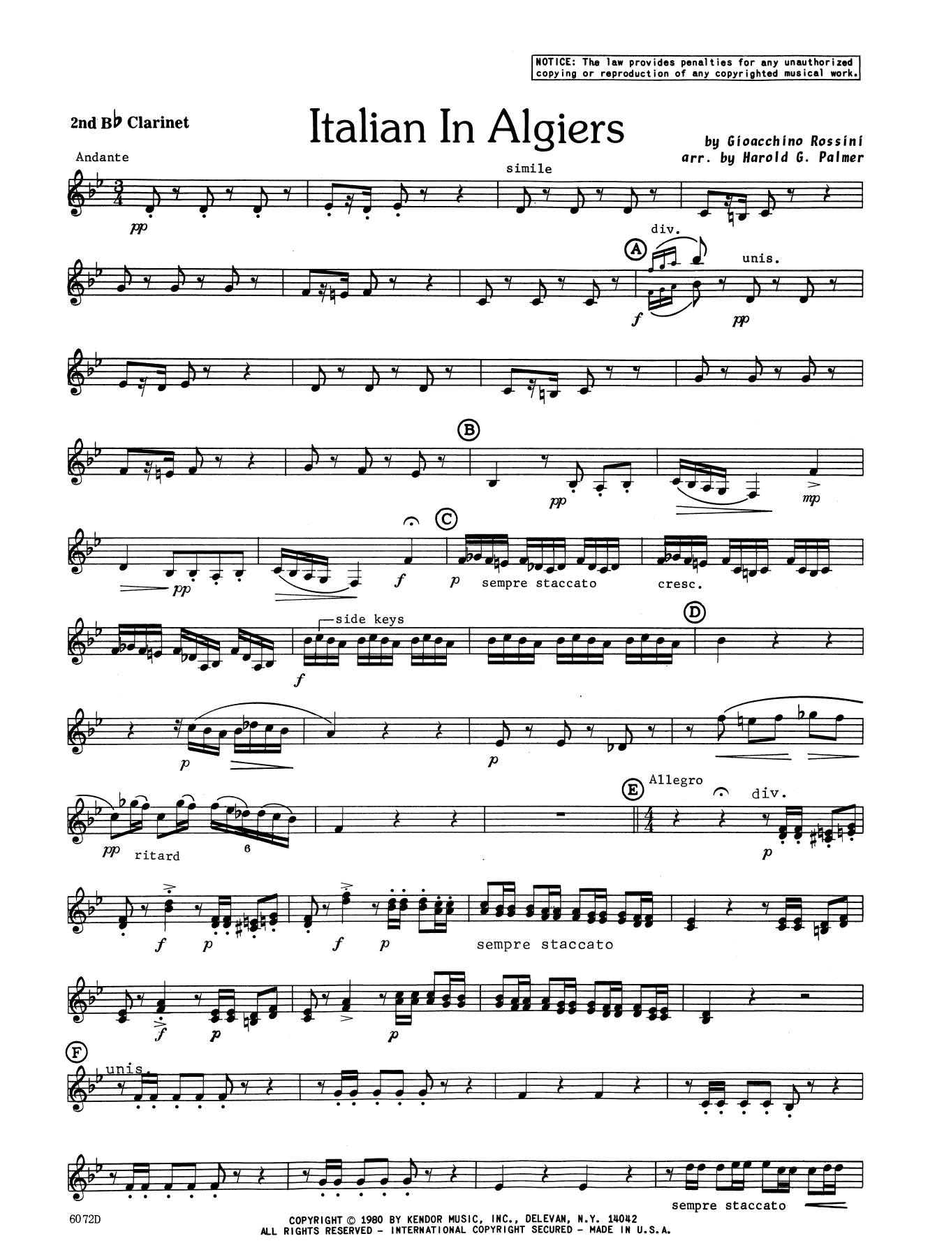 Download Harold Palmer Italian In Algiers - 2nd Bb Clarinet Sheet Music