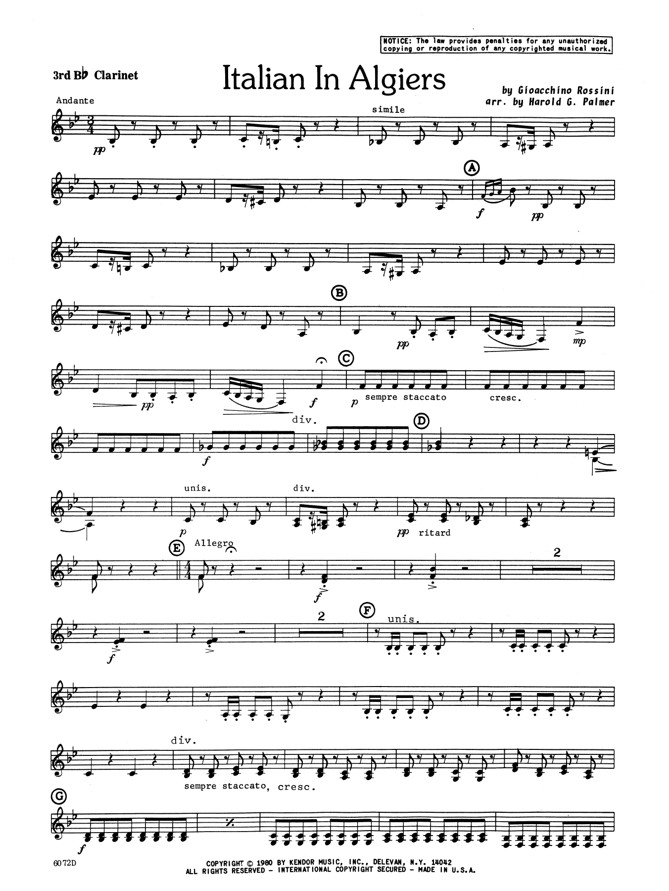 Download Harold Palmer Italian In Algiers - 3rd Bb Clarinet Sheet Music