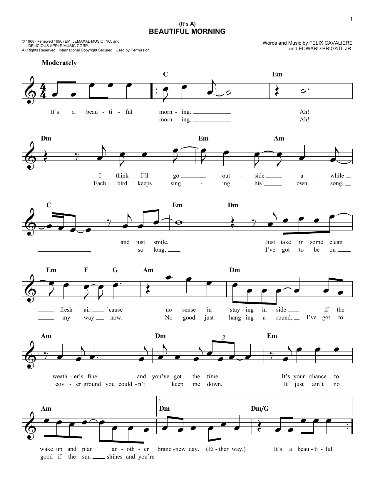 Download The Rascals (It's A) Beautiful Morning Sheet Music
