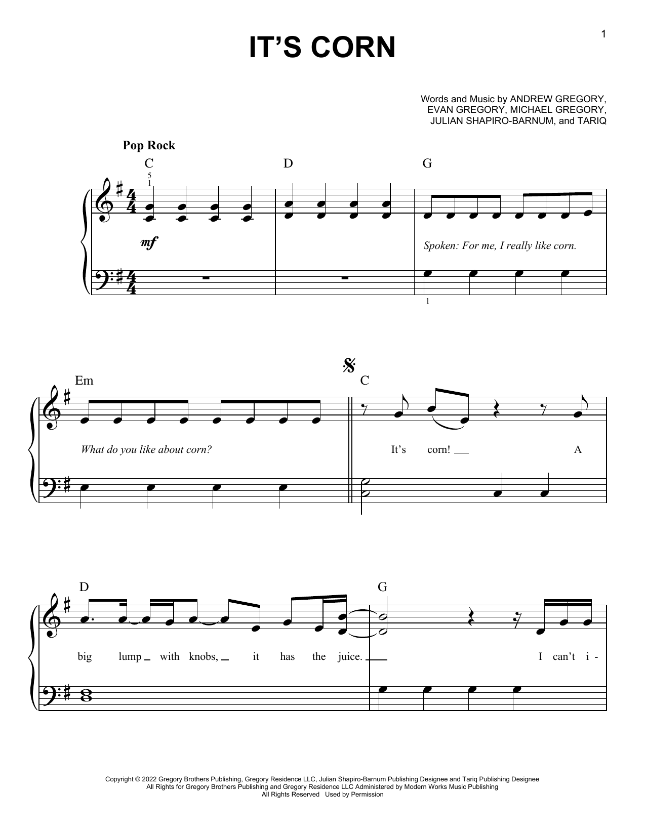 Download The Gregory Brothers It's Corn (feat. Tariq) Sheet Music